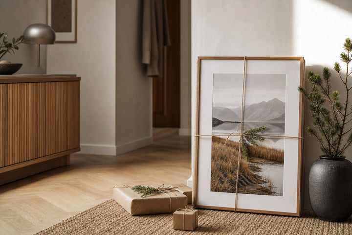 Nordic editorial quiet Nordic entry or living room featuring beautifully wrapped framed art presented as a thoughtful gift beside a finished interior vignette
