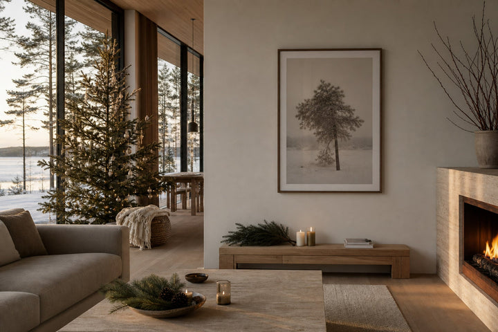 Nordic editorial seasonally styled Nordic living space featuring framed wall art and restrained seasonal details that directly express the article theme