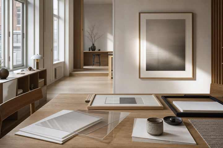 Nordic editorial Nordic framing studio featuring tactile editorial still life showing the relevant framing or paper materials in use