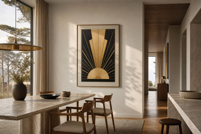 Nordic editorial high-end Nordic interior featuring hero artwork that visually communicates the art movement or style named in the title