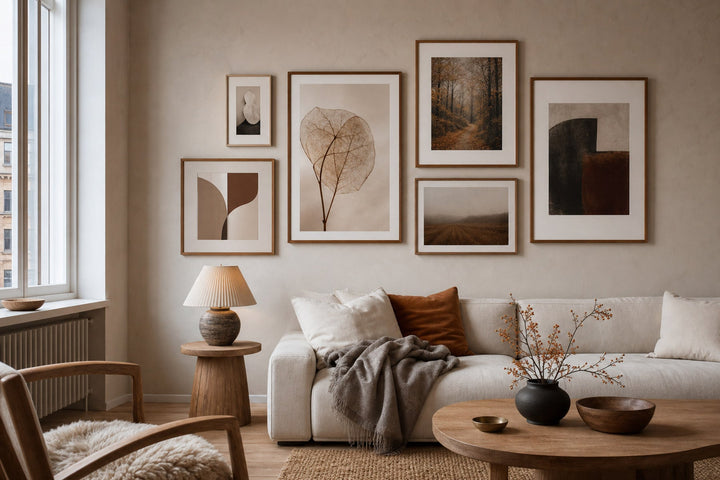Nordic editorial living room featuring professionally hung, balanced gallery wall of five to seven varied framed artworks with precise spacing