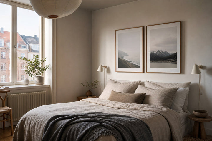 Nordic editorial serene bedroom featuring calm framed wall art correctly scaled above a linen bed