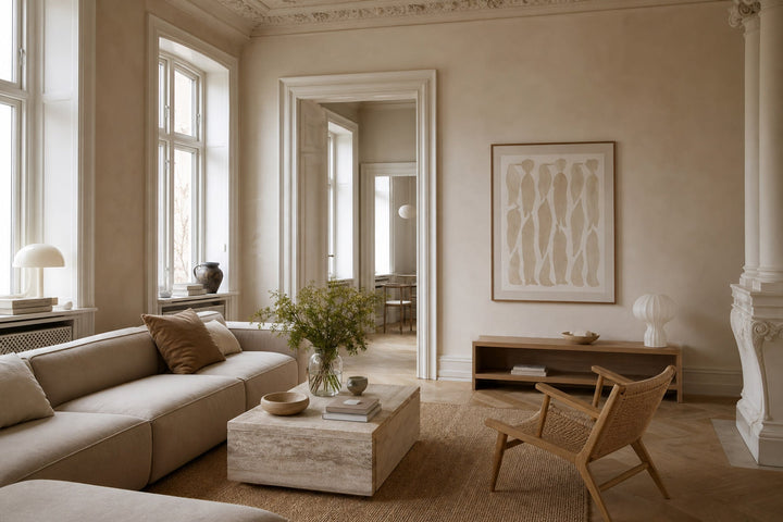 Nordic editorial editorial Nordic living room featuring framed art and restrained furnishings built around the exact colour theme in the title