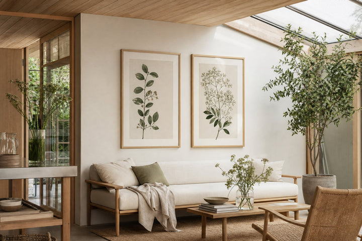 Nordic editorial light Nordic garden room featuring nature-led framed art balanced with subtle real foliage