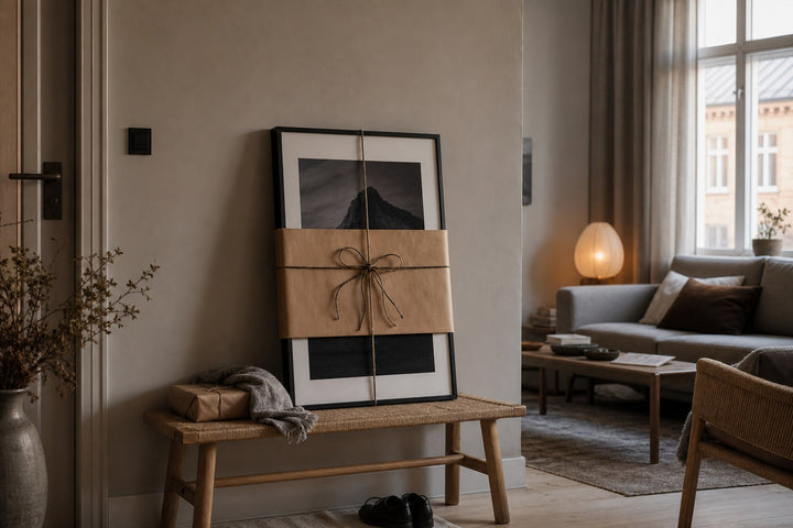 Nordic editorial quiet Nordic entry or living room featuring beautifully wrapped framed art presented as a thoughtful gift beside a finished interior vignette