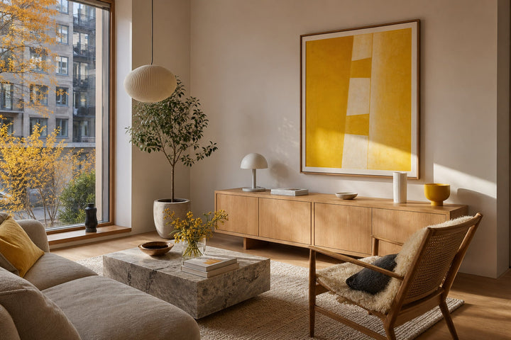 Nordic editorial editorial Nordic living room featuring framed art and restrained furnishings built around the exact colour theme in the title