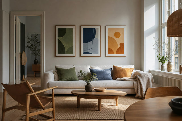 Nordic editorial editorial Nordic living room featuring framed art and restrained furnishings built around the exact colour theme in the title