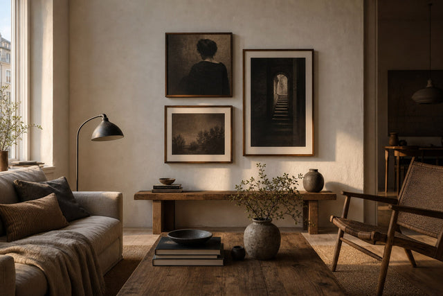 Nordic editorial refined Nordic living room featuring carefully composed framed-art vignette that directly illustrates the article subject