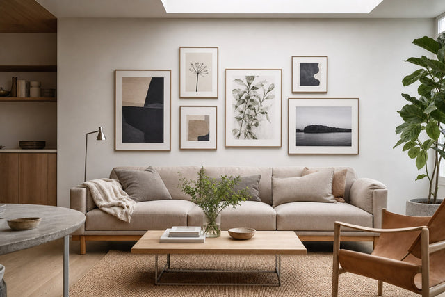 Nordic editorial living room featuring professionally hung, balanced gallery wall of five to seven varied framed artworks with precise spacing