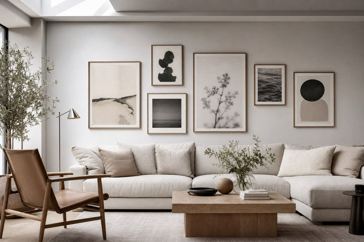 Nordic editorial living room featuring professionally hung, balanced gallery wall of five to seven varied framed artworks with precise spacing