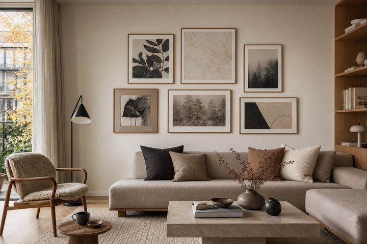 Nordic editorial living room featuring professionally hung, balanced gallery wall of five to seven varied framed artworks with precise spacing