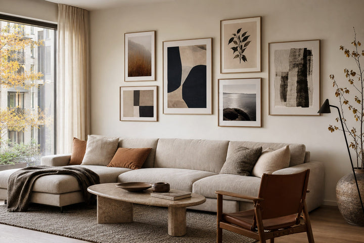 Nordic editorial living room featuring professionally hung, balanced gallery wall of five to seven varied framed artworks with precise spacing