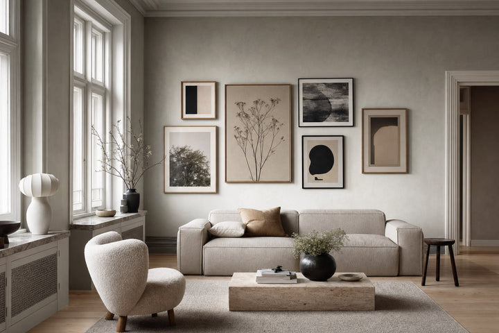 Nordic editorial living room featuring professionally hung, balanced gallery wall of five to seven varied framed artworks with precise spacing