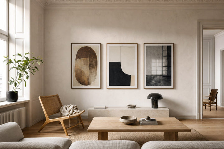 Nordic editorial refined Nordic living room featuring carefully composed framed-art vignette that directly illustrates the article subject