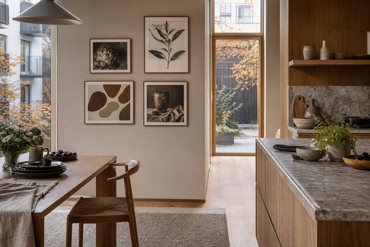 Nordic editorial Nordic kitchen and dining area featuring topic-relevant framed art placed safely away from heat and moisture