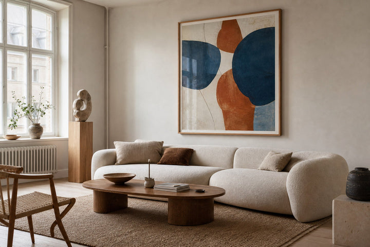 Nordic editorial well-proportioned Nordic living room featuring correctly scaled framed art demonstrating the format and placement described by the article