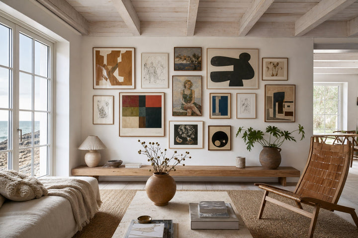 Nordic editorial refined Nordic living room featuring carefully composed framed-art vignette that directly illustrates the article subject