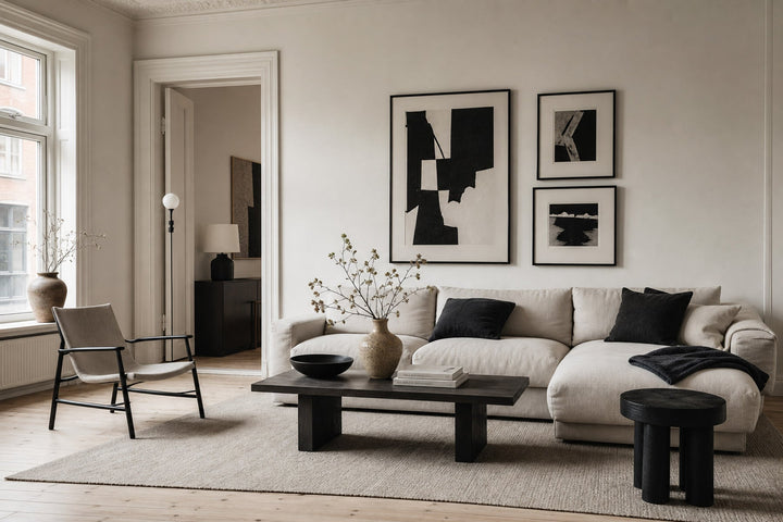 Nordic editorial editorial Nordic living room featuring framed art and restrained furnishings built around the exact colour theme in the title