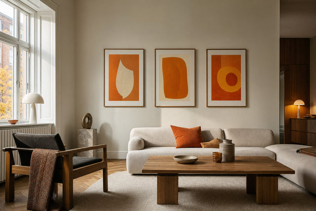 Nordic editorial seasonally styled Nordic living space featuring framed wall art and restrained seasonal details that directly express the article theme