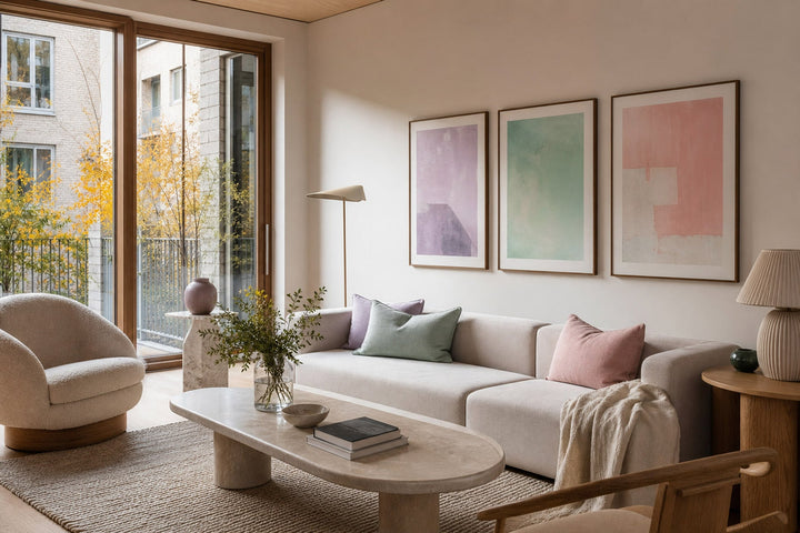 Nordic editorial editorial Nordic living room featuring framed art and restrained furnishings built around the exact colour theme in the title