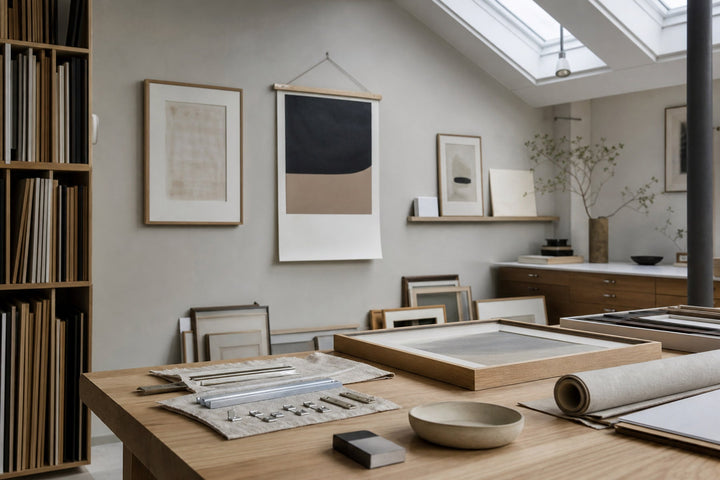 Nordic editorial Nordic framing studio featuring tactile editorial still life showing the relevant framing or paper materials in use