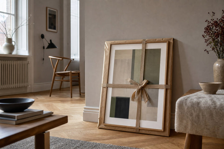 Nordic editorial quiet Nordic entry or living room featuring beautifully wrapped framed art presented as a thoughtful gift beside a finished interior vignette