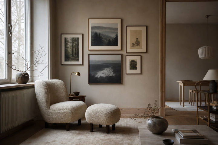 Nordic editorial refined Nordic living room featuring carefully composed framed-art vignette that directly illustrates the article subject