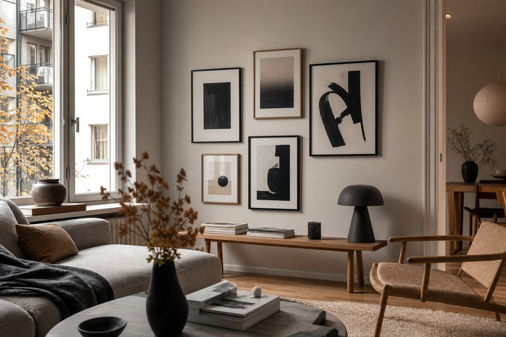 Nordic editorial refined Nordic living room featuring carefully composed framed-art vignette that directly illustrates the article subject
