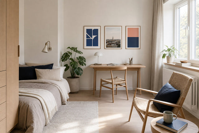 Nordic editorial age-appropriate Nordic bedroom or study corner featuring playful yet sophisticated framed art integrated into a practical small-space layout