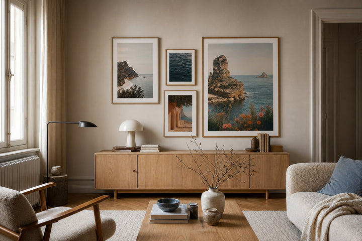 Nordic editorial seasonally styled Nordic living space featuring framed wall art and restrained seasonal details that directly express the article theme