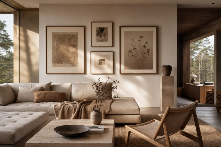Nordic editorial refined Nordic living room featuring carefully composed framed-art vignette that directly illustrates the article subject