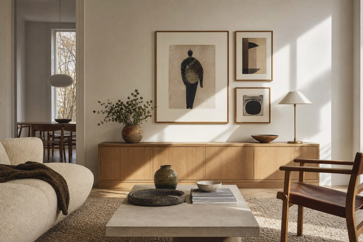 Nordic editorial refined Nordic living room featuring carefully composed framed-art vignette that directly illustrates the article subject