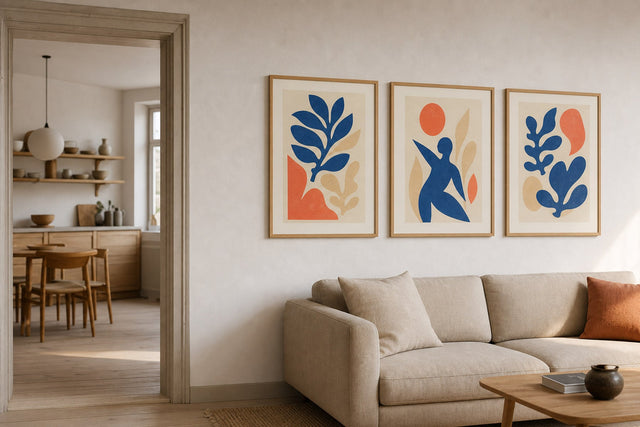 A bright Nordic interior with organic cut-paper shapes and playful framed art inspired by the Matisse look