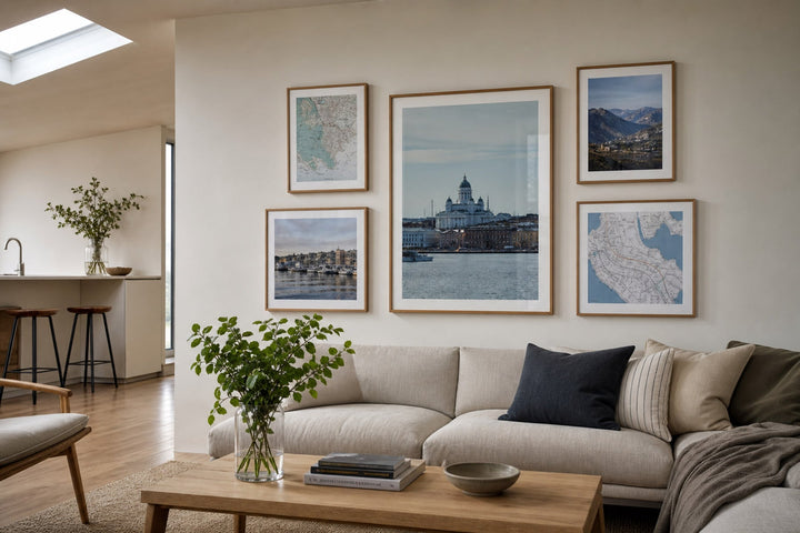 Nordic editorial seasonally styled Nordic living space featuring framed wall art and restrained seasonal details that directly express the article theme