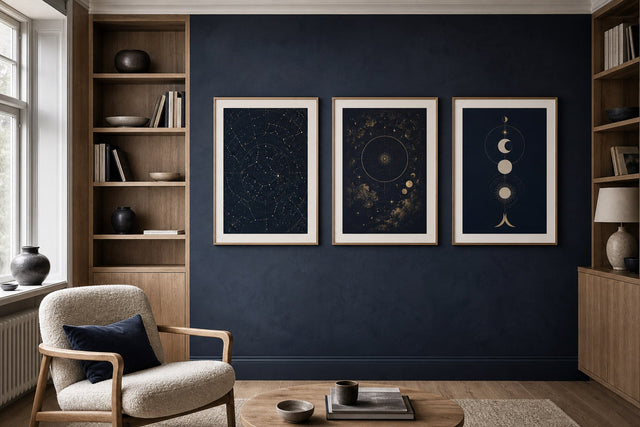 A Nordic reading room with refined zodiac and constellation artwork in slim wooden frames