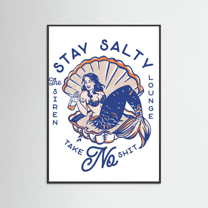 Black Wood Stay Salty Siren Lounge Pin-Up Mermaid Poster