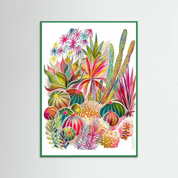 Green Wood Flowering Succulent and Cacti Garden Poster