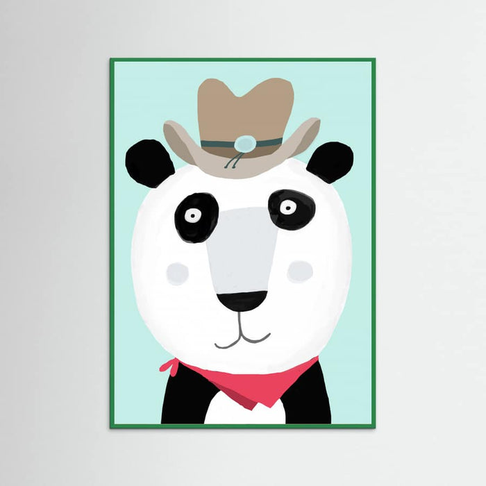 Green Wood Funny Panda with Cowboy Hat by Artist Carla Daly Poster