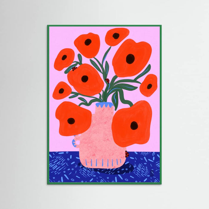 Green Wood Red Poppies and Ladybirds Floral Illustration Poster
