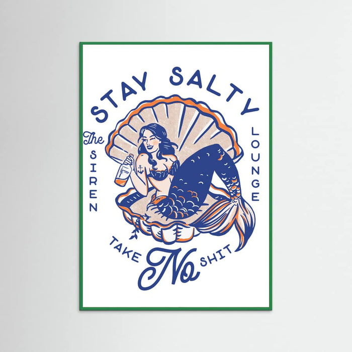 Green Wood Stay Salty Siren Lounge Pin-Up Mermaid Poster