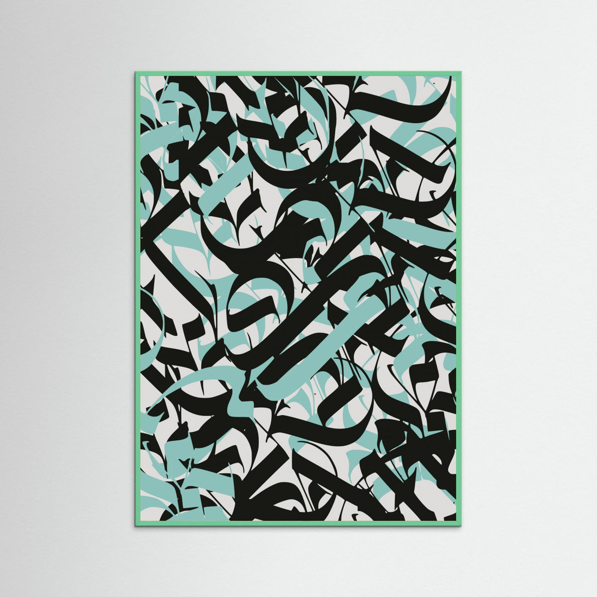 Mint Wood Abstract Calligraphy In Blue Poster