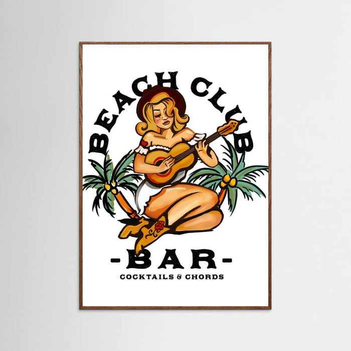 Oak Dark Beach Club Bar. Sailor Jerry Style Pin-up Girl Playing Guitar Poster