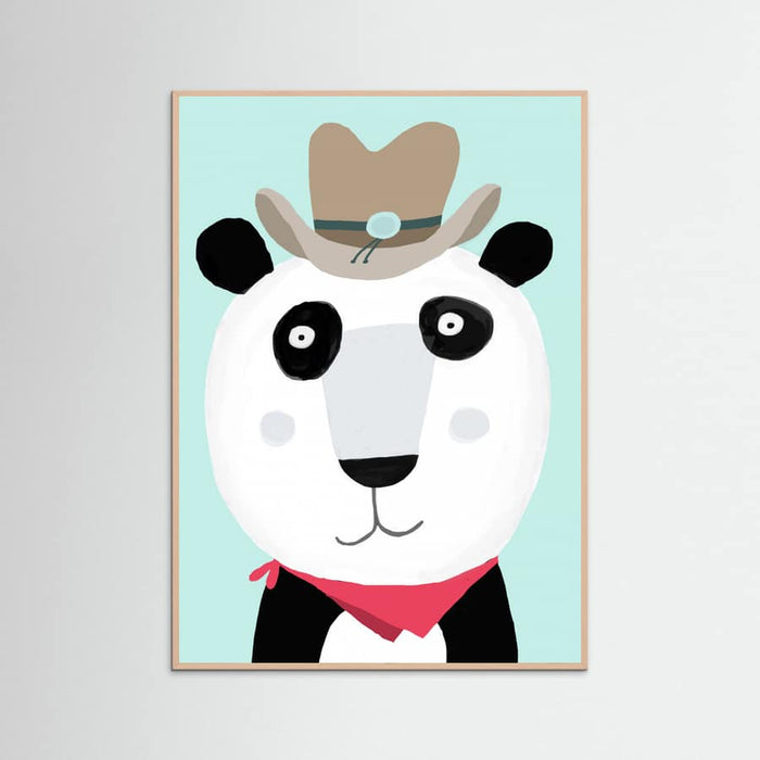 Rose Wood Funny Panda with Cowboy Hat by Artist Carla Daly Poster