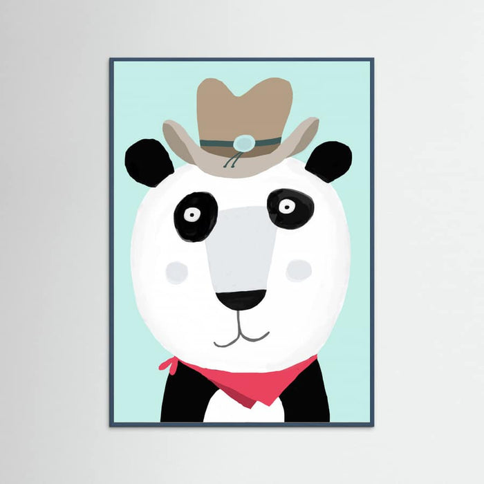 Teal Wood Funny Panda with Cowboy Hat by Artist Carla Daly Poster