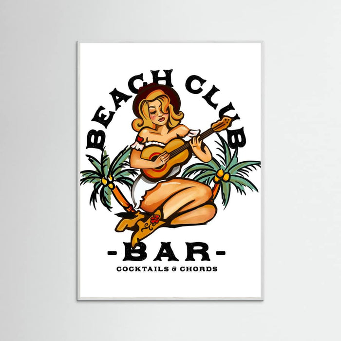 White Wood Beach Club Bar. Sailor Jerry Style Pin-up Girl Playing Guitar Poster