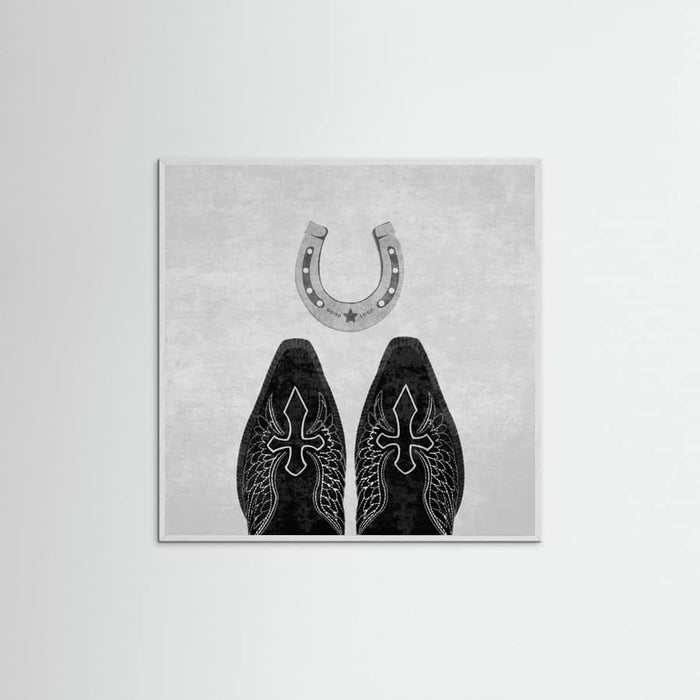 Affiche Bw Cowboy Boots and Horseshoe – affiche et impression d’art
