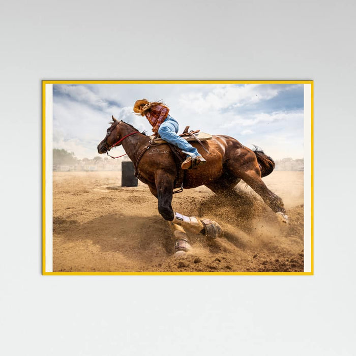 Yellow Wood Barrel Racing Action Poster