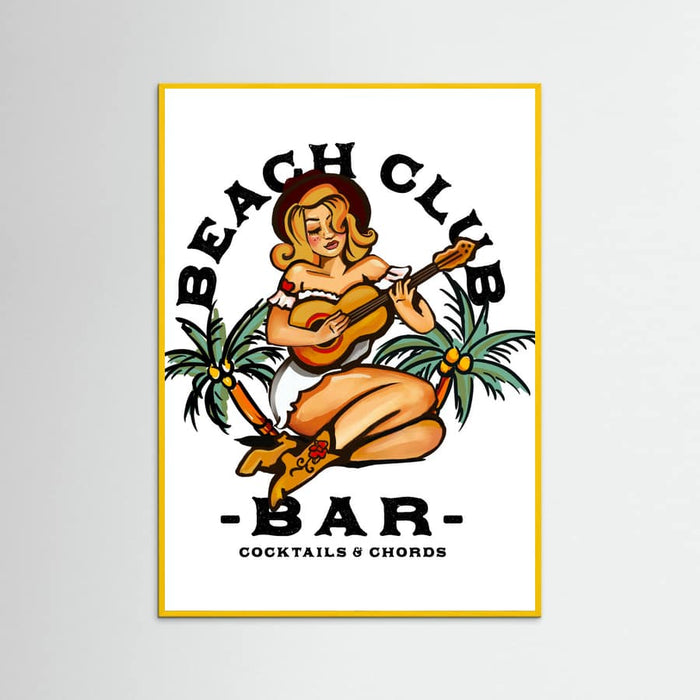 Yellow Wood Beach Club Bar. Sailor Jerry Style Pin-up Girl Playing Guitar Poster