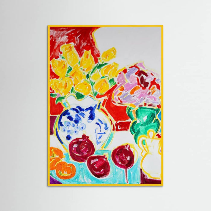 Yellow Wood Still Life With Pomegranates And Yellow Roses, Tamara Jare, oil on canvas Poster