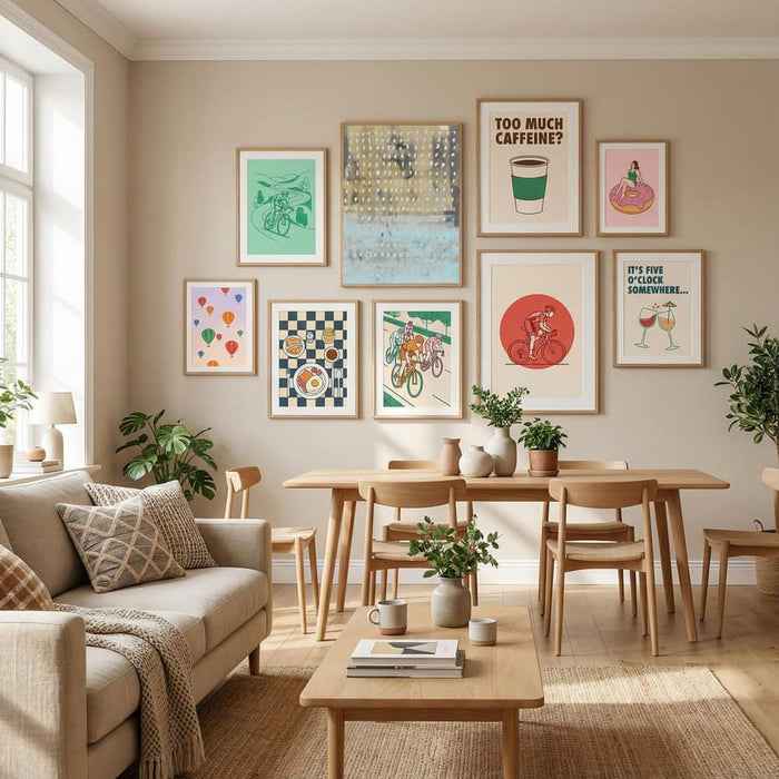 Contemporary Abstract In Yellow, Taupe, Light Blue Poster by Dina Dankers in Define Your Sanctuary gallery wall